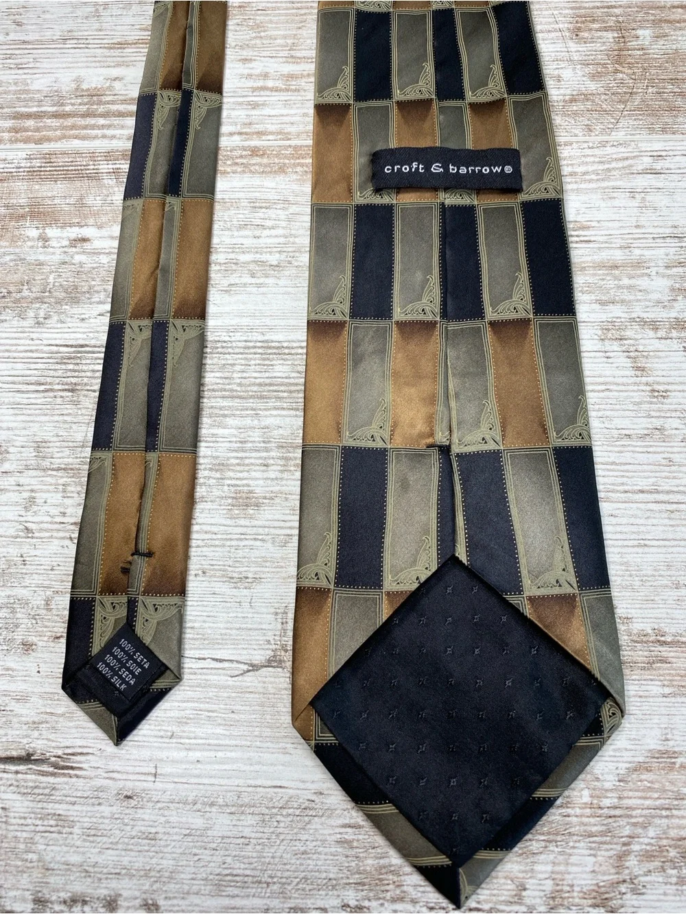 Croft & Barrow Silk Necktie Brown Black Geometric Square Pattern Wide Tie 59x4